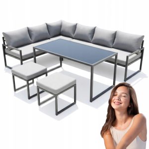 MEBLE OGRODOWE METALOWE METALOWY DUŻY NAROŻNIK STÓŁ 2PUFY ZESTAW XLS-2013